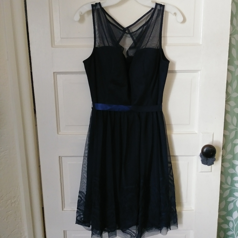 Sleeveless Illusion Neckline Dress with Satin Belt - Picture 2 of 7